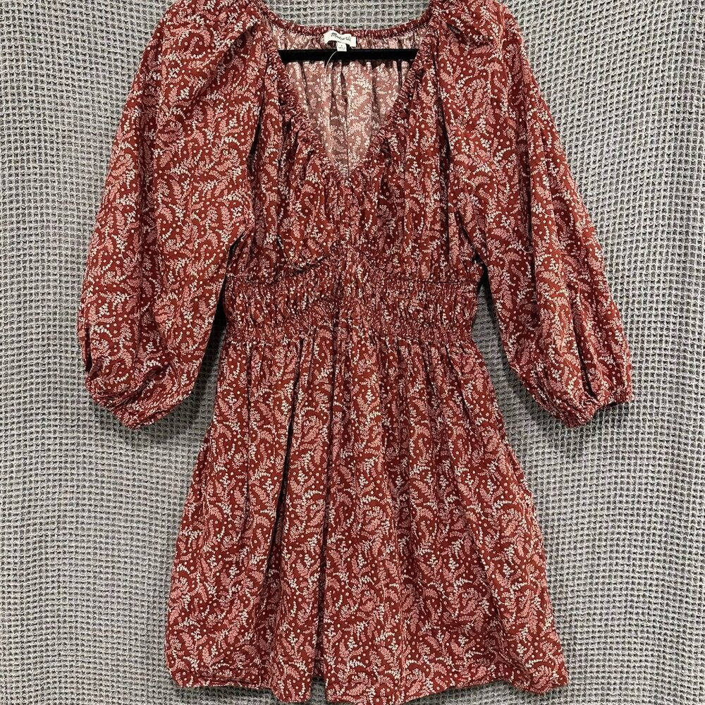 Madewell Dress Womens 6 Burgundy Paisley V-Neck Smocked Waist Long Sleeve Mini